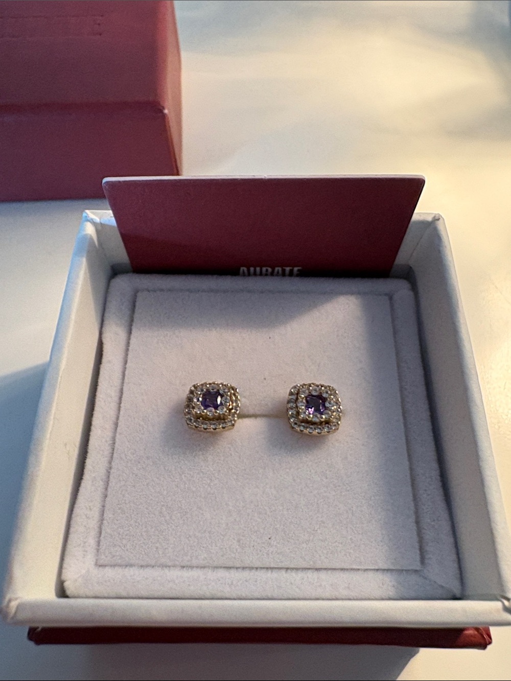Aurate Gold and Purple Cushion-Cut Earrings like new